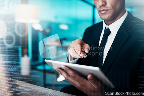 Image of Cyber, hacker or businessman with tablet for futuristic cybersecurity, overlay or fintech blockchain tech. IT, digital data analysis or crypto investment research for stock market, crypto or bitcoin.