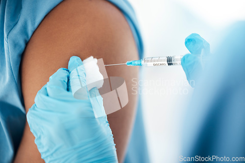 Image of Covid vaccine, injection and doctor hands, medicine safety and needle, syringe and flu shot service in hospital. Patient arm, medical treatment and nurse in healthcare clinic, bacteria and virus risk