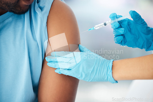 Image of Covid vaccine, doctor hands with patient medical injection zoom in hospital or clinic for safety, compliance and insurance. Trust, expert and healthcare worker with corona virus vaccination medicine