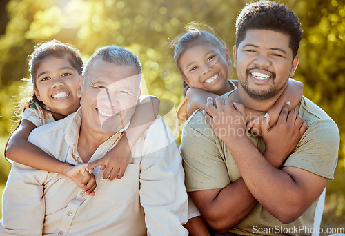 Image of Children, dad and grandpa hug in park or garden with smile, generations of family together on outdoor picnic. Love, support and man with happy grandfather and girl kids relax in nature in New Zealand