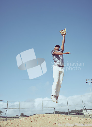 Image of Baseball, athlete jump and sports game, man and fitness on baseball field with exercise, play and pitch outdoor. Competition, competitive and sport motivation with baseball player and active life.