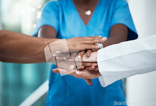 Image of Medical, team support and diversity hands of hospital nurse, doctor and surgeon stack together for healthcare teamwork. Medicine collaboration, trust meeting and partnership people ready for work