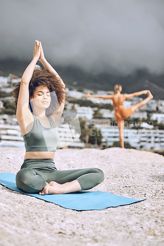 Image of Zen, yoga exercise and woman on beach for wellness meditation or mental health. Young athlete fitness girl, relax motivation workout or healthy lifestyle chakra energy training on nature rock outside