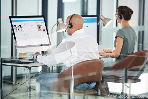 Image of Call center, customer service team and employees on computer consulting in office. Consultants, crm helpdesk and telemarketing, online support or sales agents working together in company workplace.