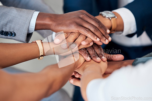 Image of Motivation, hands stacked and business people together for success, unity and community. Celebration, collaboration and group hand joined for victory, partnership and support together in office