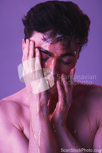 Image of Beauty, skincare and honey facial with man for health, natural and spa cosmetics. Wellness, hydration and moisture with model and organic mask in purple background for glowing, treatment or cosmetics