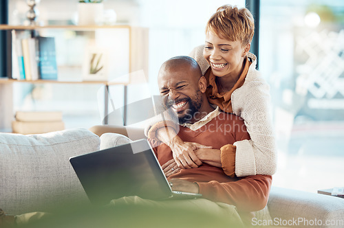 Image of Laptop, excited and couple on sofa reading email from bank for loan, investment or mortgage home success with black woman hug for support, love and care. Black people on internet for fintech website