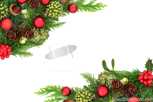 Image of Christmas Winter Flora and Bauble Background Border 