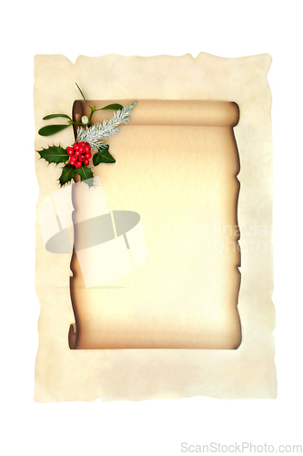 Image of Christmas Parchment Paper Scroll Holly and Winter Greenery Backg