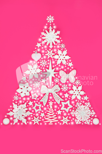 Image of Christmas Tree with Abstract Snow and White Ornaments