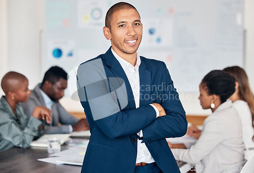 Image of Leadership, ceo and black man happy in an office meeting for training, workshop and management at a corporate office. Male boss, entrepreneur and leader with a smile for growth, mission and vision