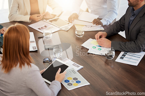 Image of Finance, portfolio and business people in meeting planning a financial strategy for revenue, profit and sales growth. Paperwork, teamwork and startup company employees coworking on report documents