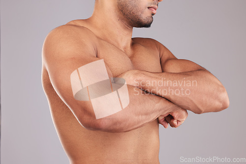 Image of Strong, flex and man arms with muscle after training while standing in a studio with gray background. Power, motivation and closeup of athlete model with strength from bicep after workout or exercise