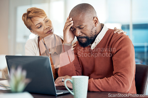 Image of Sad couple, laptop or finance stress for tax, house mortgage loan or internet investment fail. Financial loss, tech or black woman and man comfort for bad budget planning, home insurance debt or loan