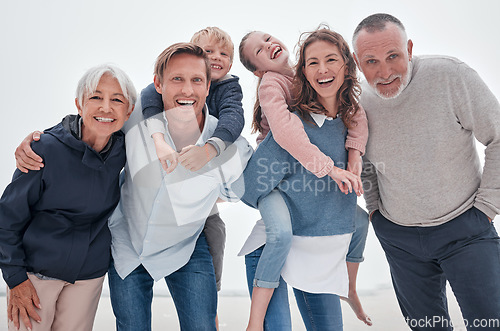 Image of Beach, portrait and big family on a holiday for travel, relax and peace in the Philippines together. Happy, smile and elderly man and woman with love for children at the ocean for vacation in nature