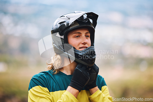 Image of Motor cross, motorcycle sports and man biker ready for a bicycle race or training outdoor in nature. Motorbike helmet, guy and adventure sport person outdoors for fitness, workout and cycling