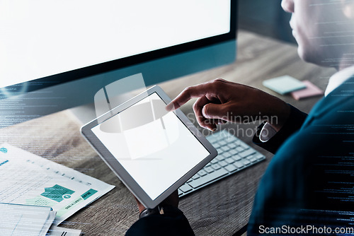 Image of Tablet, computer and mock up businessman hands for digital market research, fintech system analytics or multimedia software development. Corporate, information technology and business man with screen
