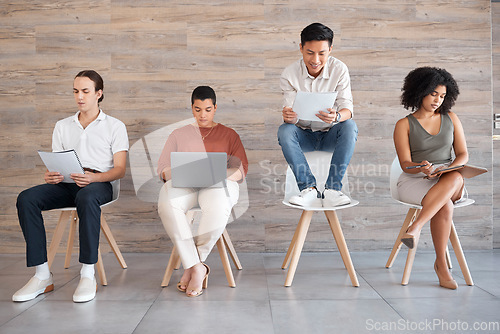 Image of Interview, recruitment and hiring with an applicant group waiting in line for a meeting with human resources. Diversity, resume and opportunity with business man and woman staff sitting in a row