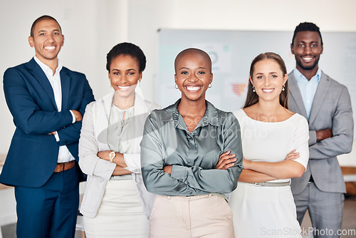 Image of Business team portrait, people smile in professional office and global company diversity in Toronto boardroom. Black woman in leadership career, happy corporate staff together.and group success