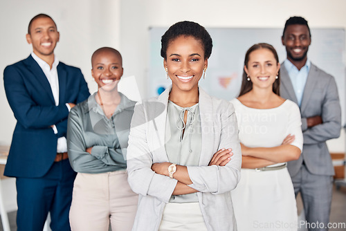 Image of Black woman leadership, portrait and happy teamwork, management and collaboration, company vision and trust in office. Female ceo, diversity business people and corporate employees support in startup