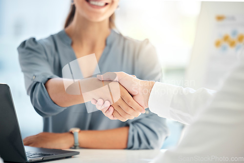 Image of B2b, business meeting and handshake thank you to client for corporate partnership, sales deal and retail presentation. Crm team leader, company CEO and executive shaking hands for future work success