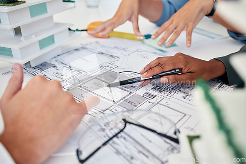 Image of Architect, hands and blueprint for building collaboration, planning new project and discussion. Engineer, teamwork and talking for construction, architecture design or brainstorming creative strategy