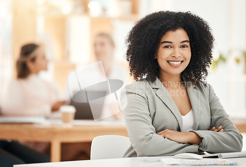 Image of Portrait, black woman and business leader crossed arms, confident and pride. Female entrepreneur, corporate executive or empowered girl with smile, happy or leadership with vision for startup company