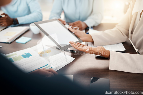 Image of Blank tablet and white screen with mockup of a business woman in a team meeting. Working, planning and work web research of a employee talking of tech data and ux graph information with mock up