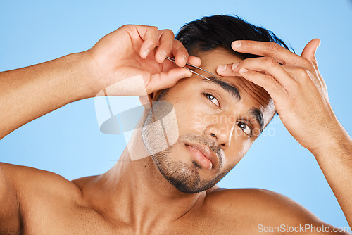 Image of Tweezers, eyebrow and hair removal of man for skincare, aesthetic beauty or clean face on studio blue background. Arab guy model, facial treatment and brows shape of wellness, cosmetics and self care