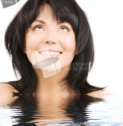Image of happy woman looking up in water