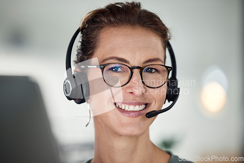 Image of Call center, woman and happy portrait closeup of communication, connection and consulting worker. Customer service employee smiling for internet consultation in office workspace with microphone.