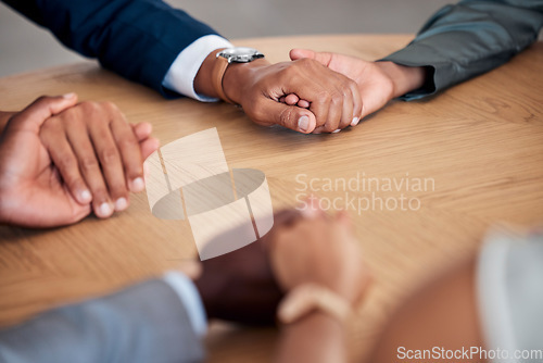 Image of Holding hands, therapy circle and community support group for stress, anxiety and depression in the corporate workplace to prevent burnout. Business people, mental solidarity and health with empathy