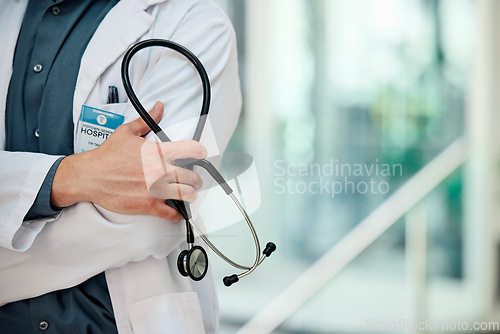 Image of Zoom of healthcare doctor hand with stethoscope for medical cardiology, wellness insurance or breathe in hospital. Nurse, research or employee in clinic for surgery support, medicine help or health