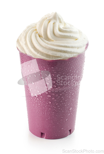 Image of blueberry milkshake in plastic take away cup