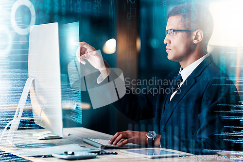 Image of Businessman, computer and futuristic hologram code for cyber security software, website seo and blockchain cybersecurity. Web developer, programmer and designer with digital transformation technology