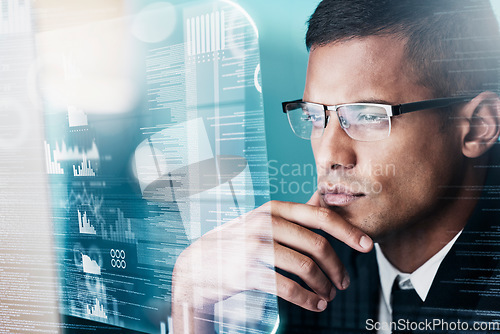 Image of Accountant, hologram or businessman thinking for futuristic computer AI, stock market trading or economy big data analytics. Digital, finance software or man for cyber security or bitcoin investment