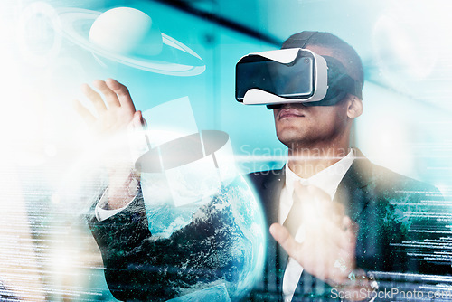 Image of VR, businessman and global media, metaverse or networking data, digital transformation or futuristic cyber universe innovation. Technology abstract in office of virtual reality future user automation