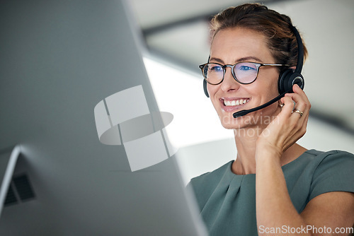 Image of Customer service, woman and happy call center agent giving advice online using a headset. Operator, telemarketing and support with hotline consultant working for contact us help or arm consulting