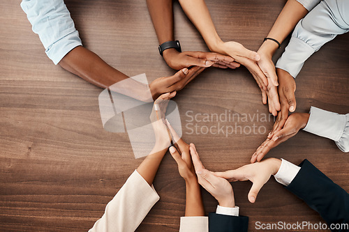 Image of People with hands in circle, business diversity and banner for global recruitment marketing. Round table meeting, solidarity in corporate workplace, group collaboration and united nations community