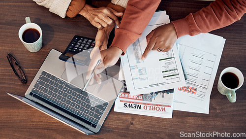 Image of Laptop, calculator or finance with hands of black couple for tax audit documents research or investment review. Top view, accountant or black woman and man planning house mortgage or insurance budget