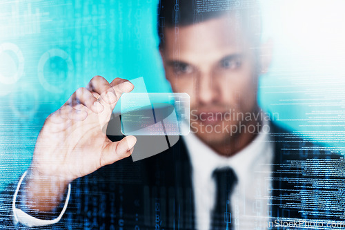 Image of Businessman, virus or code hack hologram in cybersecurity company with phishing error, scam analytics or trojan horse. Zoom, hand or programming developer with futuristic technology abstract firewall