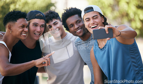 Image of Fitness, friends and selfie in a city after workout, exercise and morning cardio by happy, smile and men outdoors. Man, phone and group posing for photo after training for health, wellness and fun