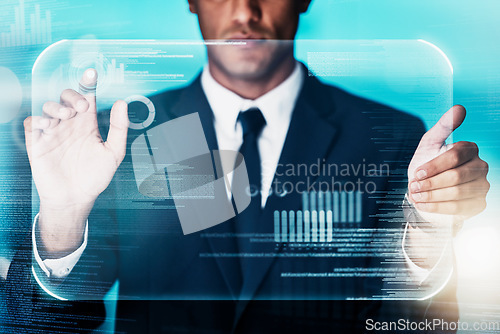 Image of Hologram, business man and digital tablet for financial, planning and trading, stock market, profit and growth analysis. Hands, double exposure and man with digital finance chart, data and investment