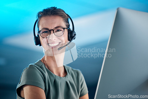 Image of Telemarketing, call center and sales with a woman consultant working on a computer and headset in her office. Customer service, ecommerce and communication with a female employee at work in crm