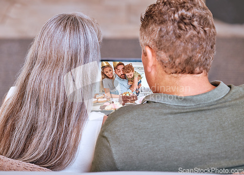 Image of Video call and senior couple celebrating grandchild birthday on a virtual call online. Mature man and woman celebrate family birthday party with video conference at home for happy birthday