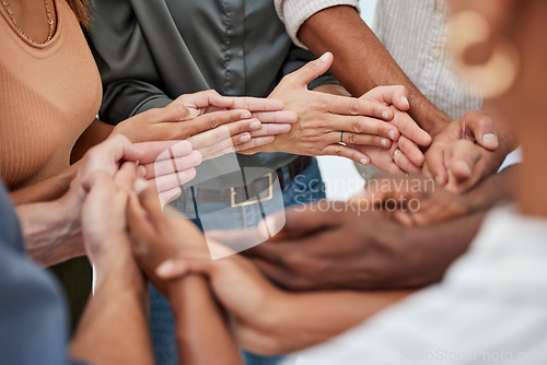 Image of Community, partnership and support from hands of business people for teamwork, collaboration and trust circle. Synergy, solidarity and creative employees with solidarity, team building and mission