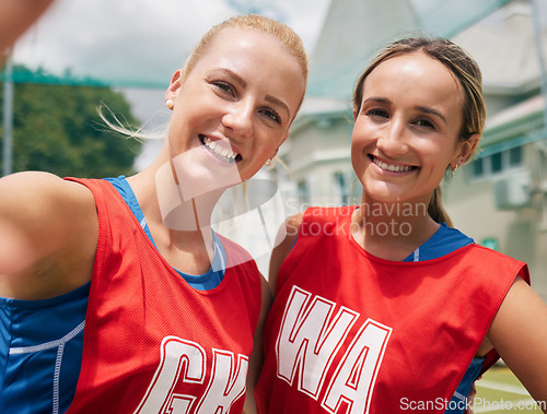 Image of Selfie, sports and women team smile after a competition or game on netball court, field or outdoor park in Australia with cellphone for social media. Happy netball people or friends in photo portrait