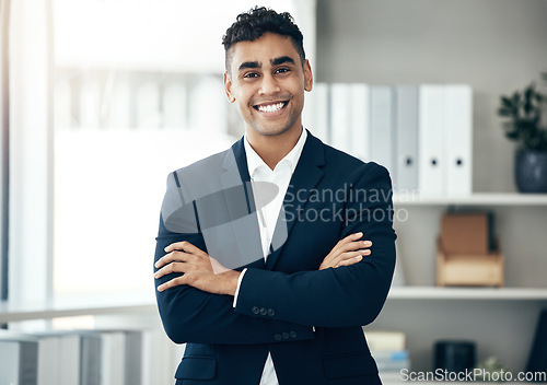 Image of Office, finance and proud business man in company portrait for job motivation, career goals and leadership with a smile. Corporate manager, boss or executive happy with workplace vision or success