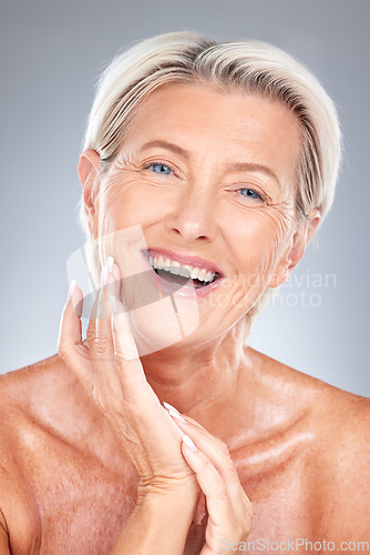 Image of Skincare, anti aging and portrait of mature woman with smile face and manicure on studio background. Beauty, botox and collagen, middle aged lady from Australia with health, wellness and clean skin.