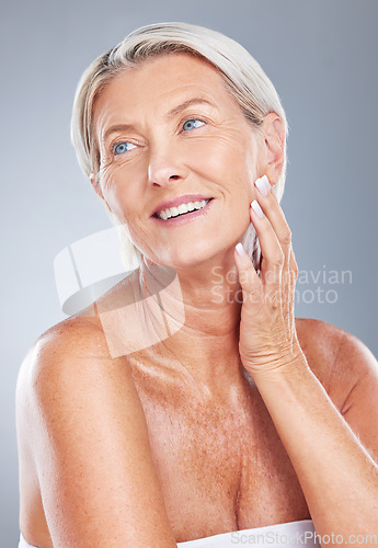 Image of Senior, beauty skincare and model woman from Germany with healthy skin and wellness with a smile. Happy, cosmetic and dermatology of a elderly person face feeling happiness from anti aging treatment